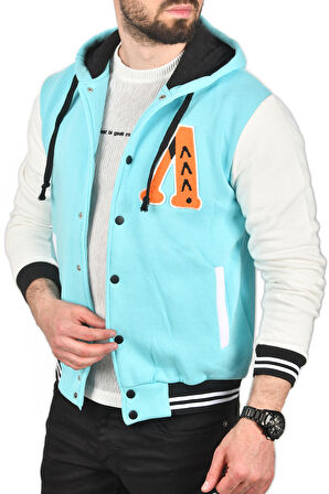 DeepSEA Erkek Açık Mavi Kapüşonlu İçi Şardonlu Üç İplik Nakışlı Kolej Ceket Mont 2304781