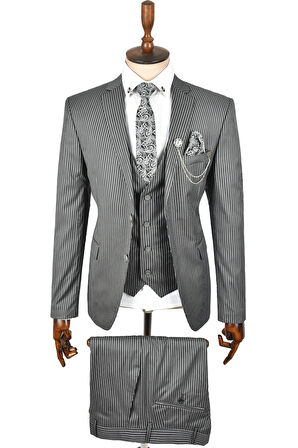 DeepSEA Erkek Gri Çift Düğme Çift Yırtmaç Çizgili Slim Fit 3 Lü Takım Elbise 2300162