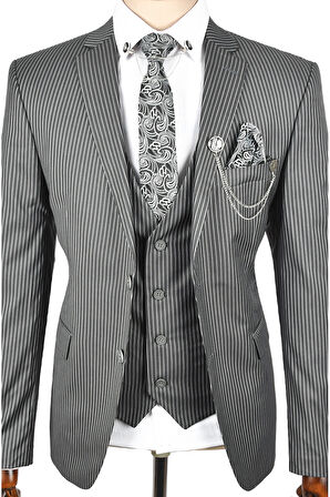 DeepSEA Erkek Gri Çift Düğme Çift Yırtmaç Çizgili Slim Fit 3 Lü Takım Elbise 2300162