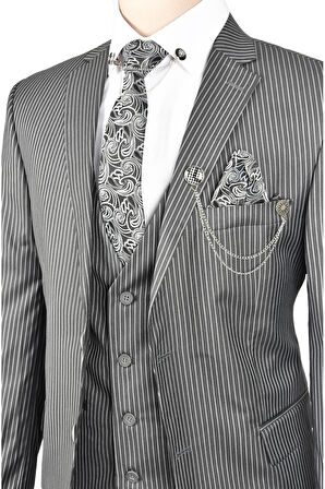 DeepSEA Erkek Gri Çift Düğme Çift Yırtmaç Çizgili Slim Fit 3 Lü Takım Elbise 2300162