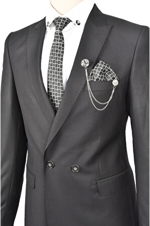 DeepSEA Erkek Siyah Çift Yırtmaç Slim Fit 2 Li Takım Elbise 0233105