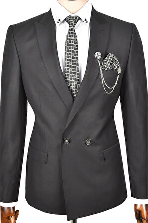DeepSEA Erkek Siyah Çift Yırtmaç Slim Fit 2 Li Takım Elbise 0233105