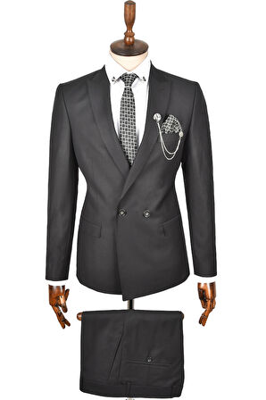 DeepSEA Erkek Siyah Çift Yırtmaç Slim Fit 2 Li Takım Elbise 0233105