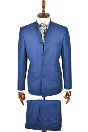 DeepSEA Erkek Lacivert Hakim Yaka Tek Yırtmaç Slim Fit 2 Li Takım Elbise 2302013