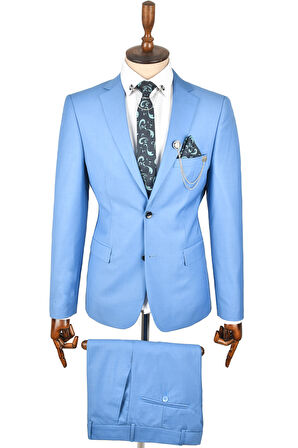 DeepSEA Erkek Mavi Slim Fit Çift Düğme Çift Yırtmaç 2 Li Takım Elbise 2303056