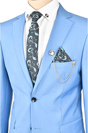 DeepSEA Erkek Mavi Slim Fit Çift Düğme Çift Yırtmaç 2 Li Takım Elbise 2303056