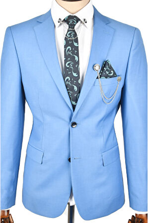 DeepSEA Erkek Mavi Slim Fit Çift Düğme Çift Yırtmaç 2 Li Takım Elbise 2303056