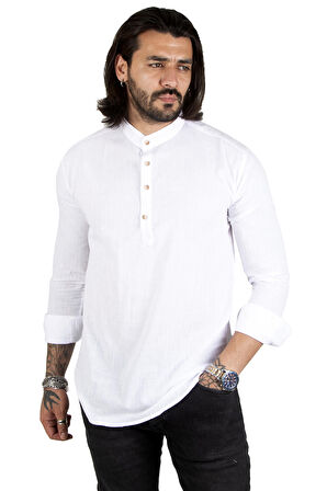 DeepSEA Erkek Beyaz Yarım Düğmeli Çizgili Hakim Yaka Ham Keten Uzun Kollu Gömlek 2201914