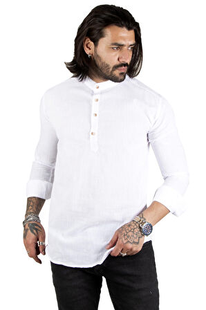 DeepSEA Erkek Beyaz Yarım Düğmeli Çizgili Hakim Yaka Ham Keten Uzun Kollu Gömlek 2201914