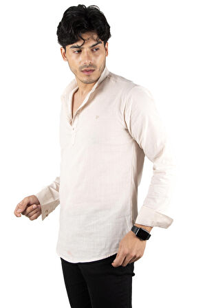 DeepSEA Erkek Bej Yarım Düğmeli Çizgili Hakim Yaka Ham Keten Uzun Kollu Gömlek 2201914