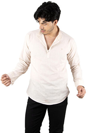 DeepSEA Erkek Bej Yarım Düğmeli Çizgili Hakim Yaka Ham Keten Uzun Kollu Gömlek 2201914