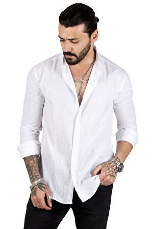 DeepSEA Erkek Beyaz Çizgili Likralı Hakim Yaka Ham Keten Uzun Kollu Gömlek 2201895