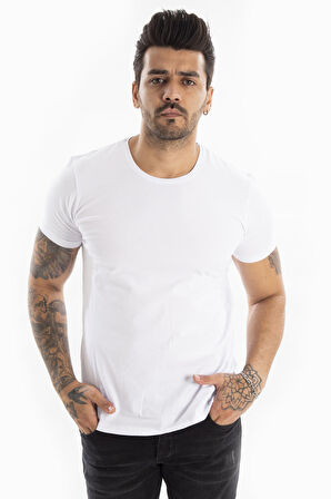 DeepSEA Erkek Beyaz Sıfır Yaka Dar Kesim Basic Tişört 1801131