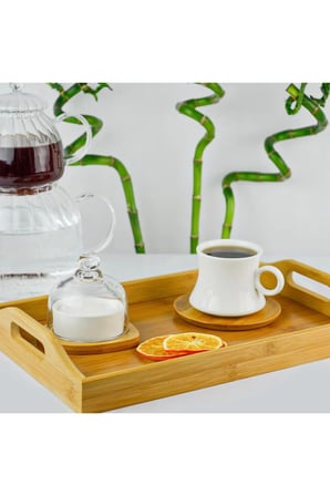 Bambu Kulplu Çay Kahve Çok Amaçlı Servis Sunum Tepsisi 38Cm X 25Cm