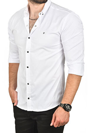 DeepSEA Erkek Beyaz Slim Fit Çıtçıtlı Spor Gömlek Dar Kesim Pamuklu Gabardin Gömlek 2300413