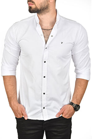 DeepSEA Erkek Beyaz Slim Fit Çıtçıtlı Spor Gömlek Dar Kesim Pamuklu Gabardin Gömlek 2300413