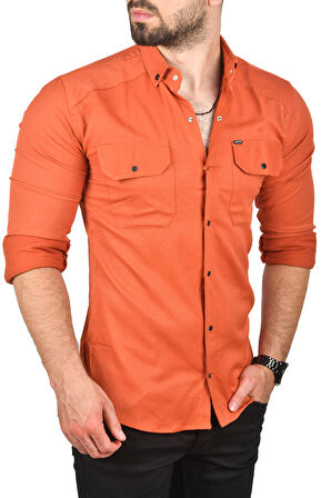 DeepSEA Erkek Kiremit Slim Fit Dar Kesim Pamuklu Spor Gömlek Çıtçıtlı Likralı Gabardin Gömlek 2300421