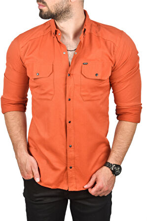 DeepSEA Erkek Kiremit Slim Fit Dar Kesim Pamuklu Spor Gömlek Çıtçıtlı Likralı Gabardin Gömlek 2300421