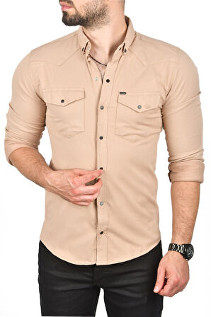 DeepSEA Erkek Kahve Slim Fit Dar Kesim Pamuklu Spor Gömlek Çıtçıtlı Likralı Gabardin Gömlek 2300421