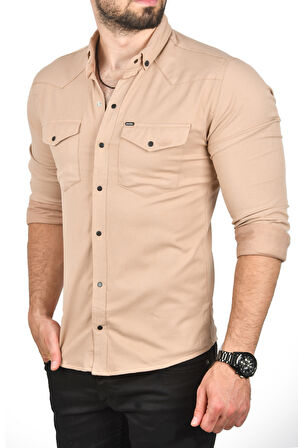 DeepSEA Erkek Kahve Slim Fit Dar Kesim Pamuklu Spor Gömlek Çıtçıtlı Likralı Gabardin Gömlek 2300421