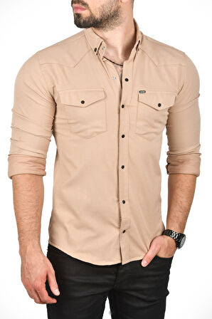 DeepSEA Erkek Kahve Slim Fit Dar Kesim Pamuklu Spor Gömlek Çıtçıtlı Likralı Gabardin Gömlek 2300421