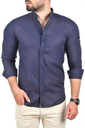 DeepSEA Erkek Lacivert Çizgili Likralı Hakim Yaka Ham Keten Uzun Kollu Gömlek 2201895