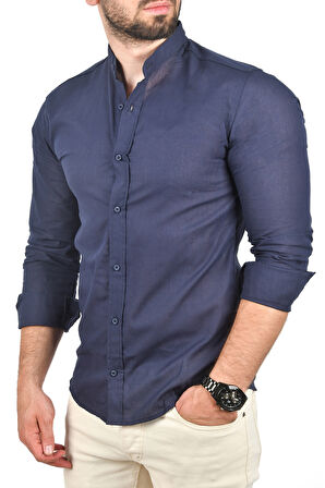 DeepSEA Erkek Lacivert Çizgili Likralı Hakim Yaka Ham Keten Uzun Kollu Gömlek 2201895
