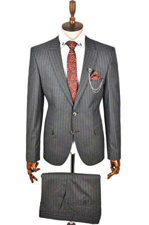 DeepSEA Erkek Antrasit Dar Kesim Çizgili Çift Düğme 2li Slim Fit Takım Elbise 2303543