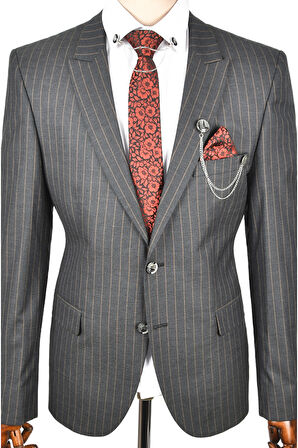 DeepSEA Erkek Antrasit Dar Kesim Çizgili Çift Düğme 2li Slim Fit Takım Elbise 2303543