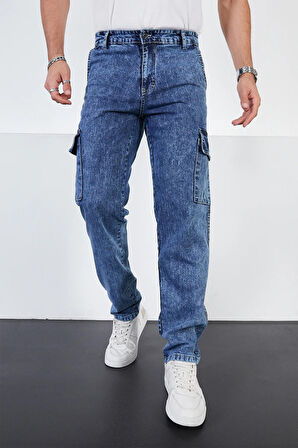 DeepSEA Erkek Mavi Baggy Rahat Kesim Kot Jean Kargo Pantolon 2407009