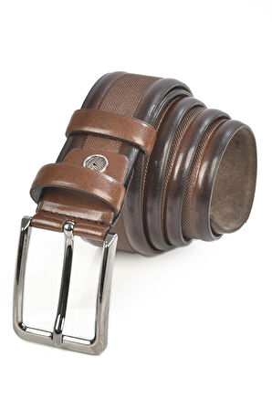 DeepSEA Erkek Kahve 3,5 cm Ortası Nokta Şeritli Suni Deri Klasik Kemer 2402607