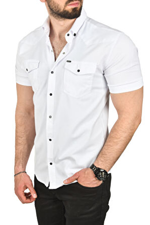 DeepSEA Erkek Beyaz Slim Fit Pamuklu Likralı Kısa Kol Gömlek Kolay Ütülenebilir Çıt Çıtlı Cepli Spor Gömlek 2400253