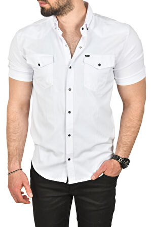 DeepSEA Erkek Beyaz Slim Fit Pamuklu Likralı Kısa Kol Gömlek Kolay Ütülenebilir Çıt Çıtlı Cepli Spor Gömlek 2400253