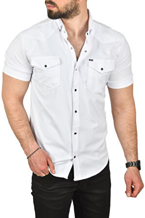 DeepSEA Erkek Beyaz Slim Fit Pamuklu Likralı Kısa Kol Gömlek Kolay Ütülenebilir Çıt Çıtlı Cepli Spor Gömlek 2400253
