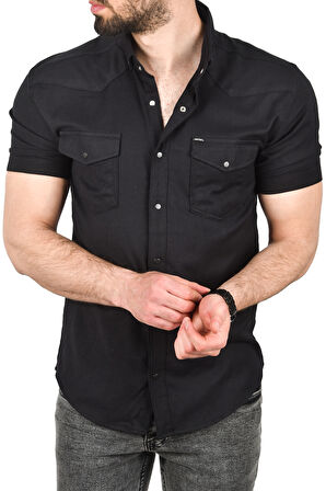DeepSEA Erkek Siyah Slim Fit Pamuklu Likralı Kısa Kol Gömlek Kolay Ütülenebilir Çıt Çıtlı Cepli Spor Gömlek 2400253