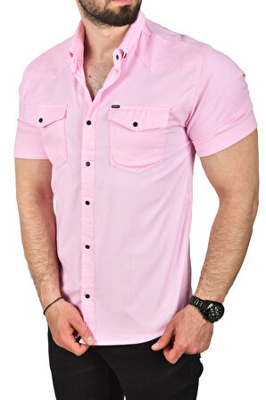 DeepSEA Erkek Pembe Slim Fit Pamuklu Likralı Kısa Kol Gömlek Kolay Ütülenebilir Çıt Çıtlı Cepli Spor Gömlek 2400253