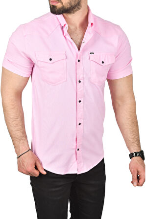 DeepSEA Erkek Pembe Slim Fit Pamuklu Likralı Kısa Kol Gömlek Kolay Ütülenebilir Çıt Çıtlı Cepli Spor Gömlek 2400253