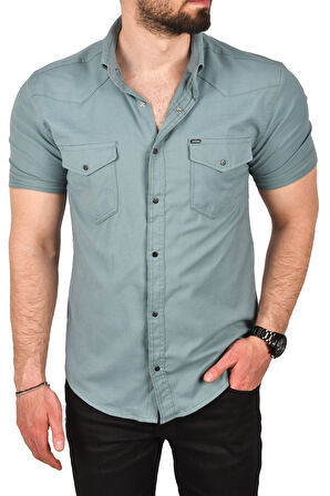 DeepSEA Erkek Yeşil Slim Fit Pamuklu Likralı Kısa Kol Gömlek Kolay Ütülenebilir Çıt Çıtlı Cepli Spor Gömlek 2400253