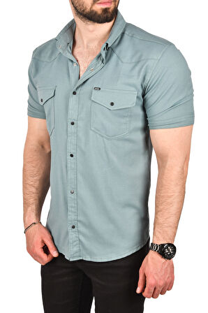 DeepSEA Erkek Yeşil Slim Fit Pamuklu Likralı Kısa Kol Gömlek Kolay Ütülenebilir Çıt Çıtlı Cepli Spor Gömlek 2400253