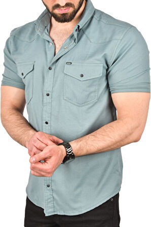 DeepSEA Erkek Yeşil Slim Fit Pamuklu Likralı Kısa Kol Gömlek Kolay Ütülenebilir Çıt Çıtlı Cepli Spor Gömlek 2400253