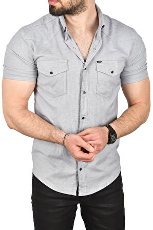 DeepSEA Erkek Gri Slim Fit Pamuklu Likralı Kısa Kol Gömlek Kolay Ütülenebilir Çıt Çıtlı Cepli Spor Gömlek 2400253