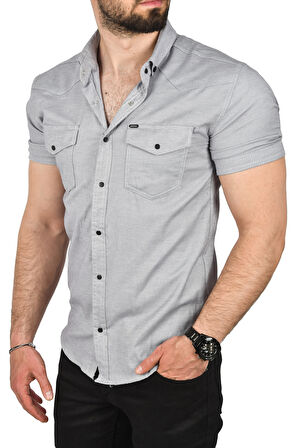 DeepSEA Erkek Gri Slim Fit Pamuklu Likralı Kısa Kol Gömlek Kolay Ütülenebilir Çıt Çıtlı Cepli Spor Gömlek 2400253