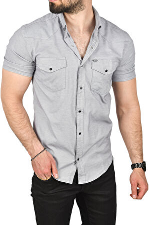 DeepSEA Erkek Gri Slim Fit Pamuklu Likralı Kısa Kol Gömlek Kolay Ütülenebilir Çıt Çıtlı Cepli Spor Gömlek 2400253