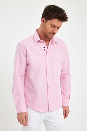 DeepSEA Erkek Pembe Dar Kesim Uzun Kollu Düğmeli Pamuklu Gömlek 2403012