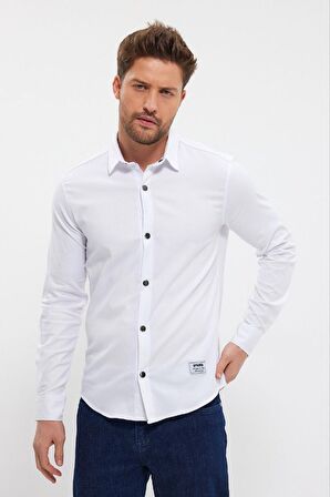 DeepSEA Erkek Beyaz Slim Fit Likralı Uzun Kollu Çıt çıtlı Düz Gömlek 2403013