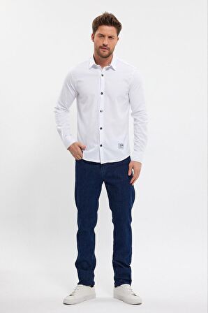 DeepSEA Erkek Beyaz Slim Fit Likralı Uzun Kollu Çıt çıtlı Düz Gömlek 2403013