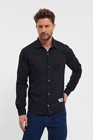 DeepSEA Erkek Siyah Slim Fit Likralı Uzun Kollu Çıt çıtlı Düz Gömlek 2403013