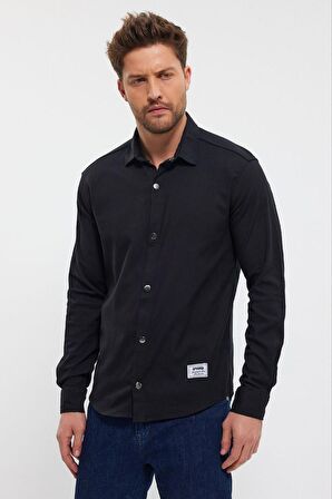 DeepSEA Erkek Siyah Slim Fit Likralı Uzun Kollu Çıt çıtlı Düz Gömlek 2403013