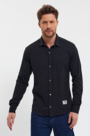 DeepSEA Erkek Siyah Slim Fit Likralı Uzun Kollu Çıt çıtlı Düz Gömlek 2403013