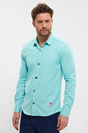 DeepSEA Erkek Turkuaz Slim Fit Likralı Uzun Kollu Çıt çıtlı Düz Gömlek 2403013